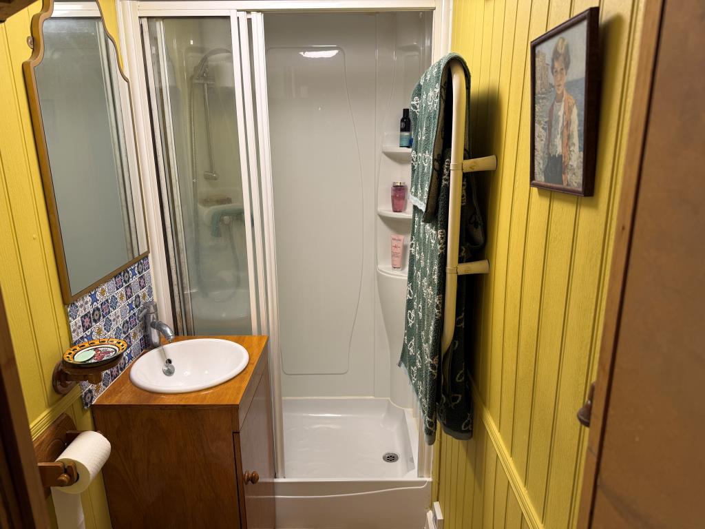 Lot: 73 - FISHING LODGE AND LAKE ON APPROX. ONE ACRE - Shower unit and sink with white suite